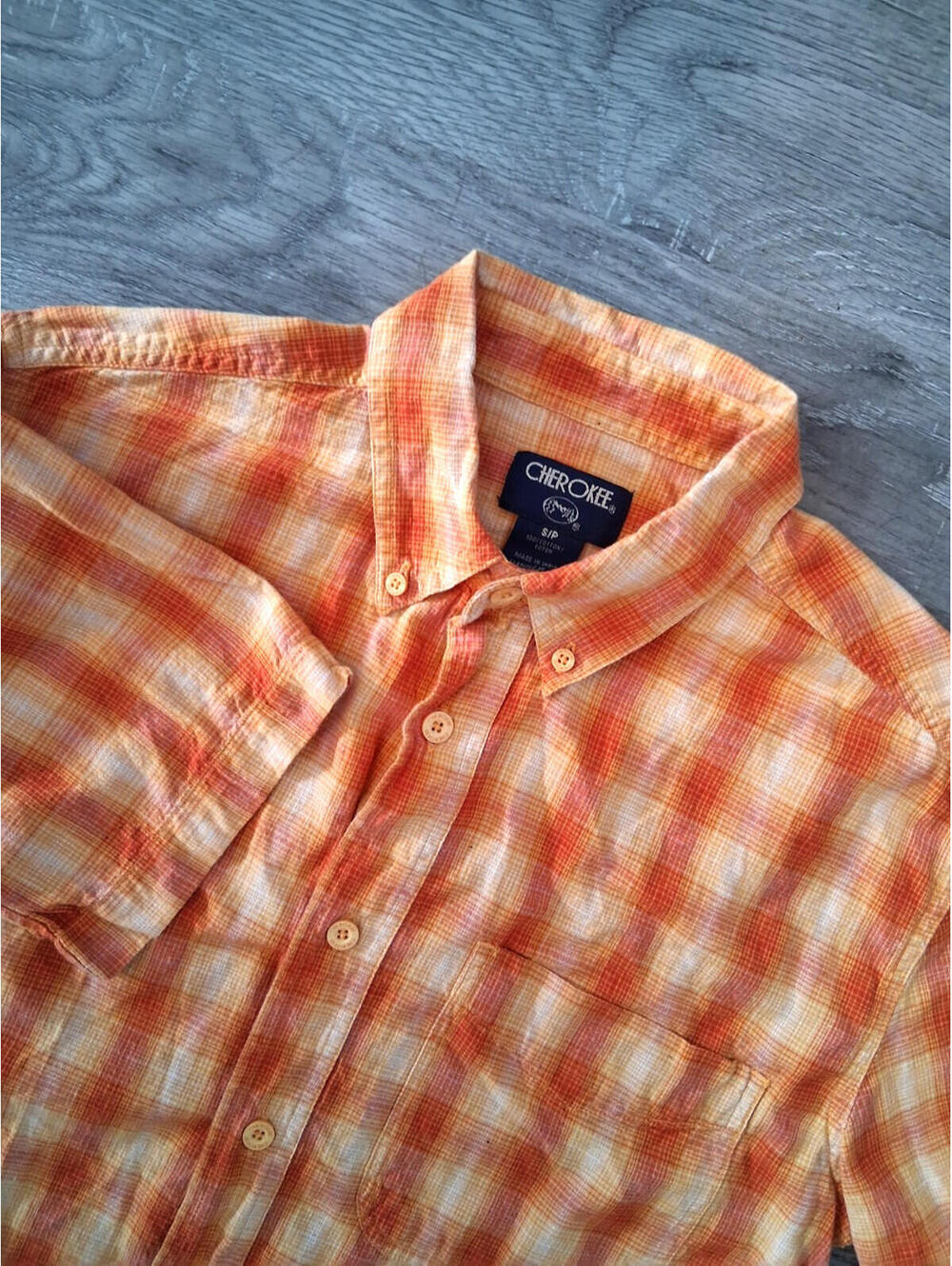 Cherokee Men's Small Button Down Orange Plaid Short Sleeve 100% Cotton Shirt